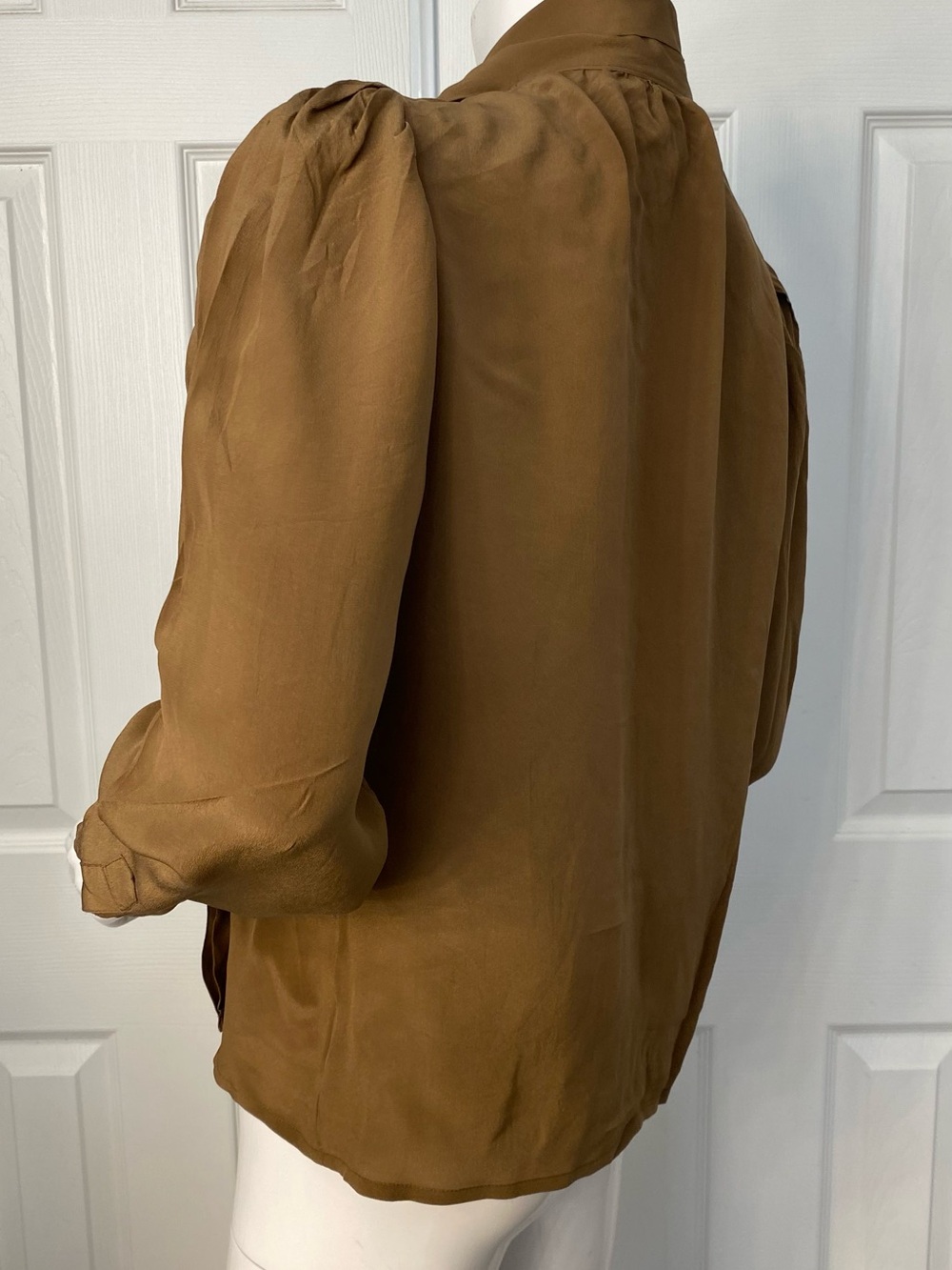 💯Silk Tie-Neck Long Sleeve Blouse in Olive Brown - Picture 4 of 9